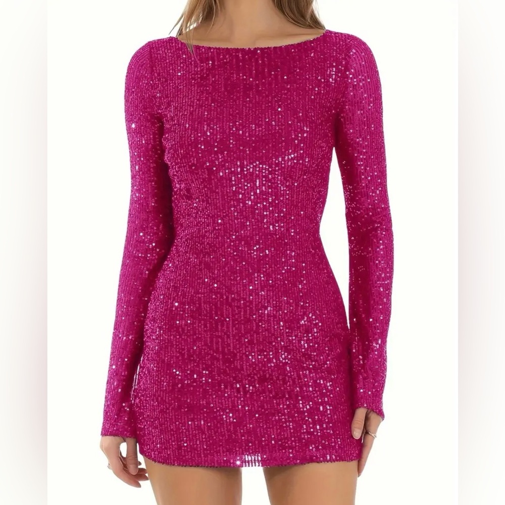 Pink Sequin Long Sleeve Backless Bodycon Mini Dress - Picture 5 of 7